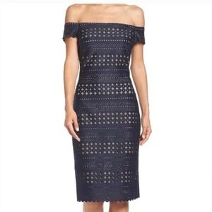 Eliza J Off the Shoulder Sheath Dress in Navy Size 16